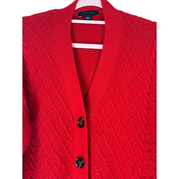 Ann Taylor Red Long Sleeve Cable Knit V-neck Cardigan Casual Cozy Sweater Size L - Picture 2 of 9